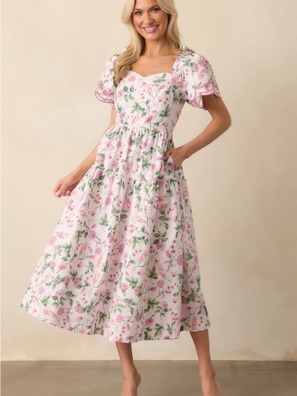 Sweetheart Floral Midi Dress in Pink and White